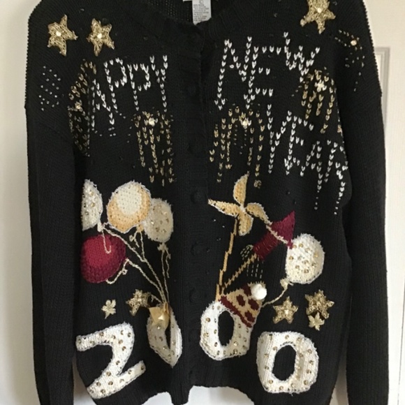 Vintage Y2K Paul Harris Design Black Sweater Cardigan Happy New Year 2000 Size L - Picture 7 of 8